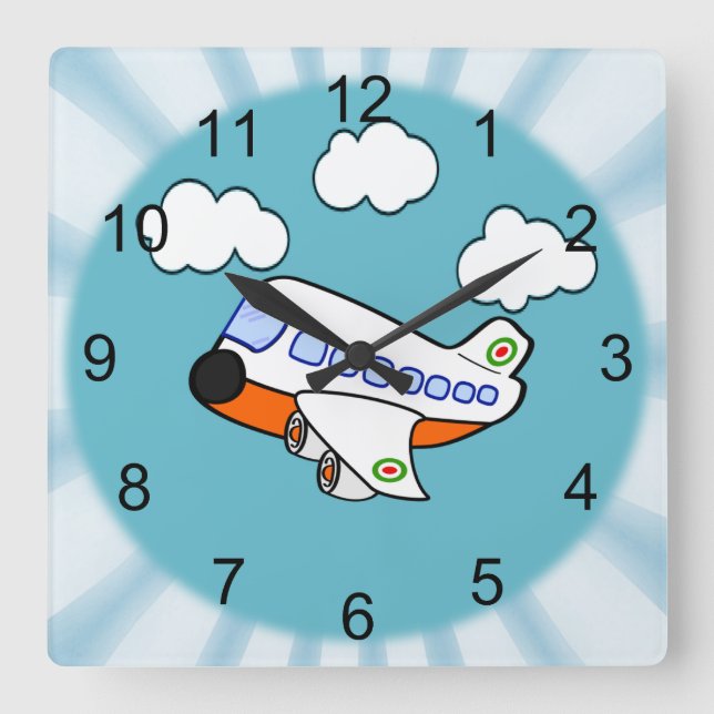 Cartoon Aeroplane Square Wall Clock (Front)