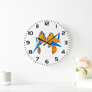 Cartoon Aeroplanes Vibrant Orange and Blue  Large Clock