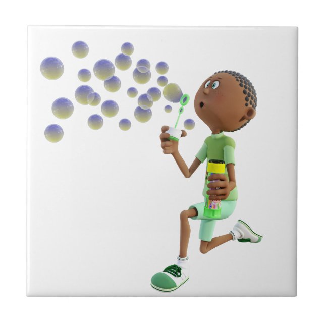 Cartoon African American Boy Blowing Bubbles Ceramic Tile (Front)
