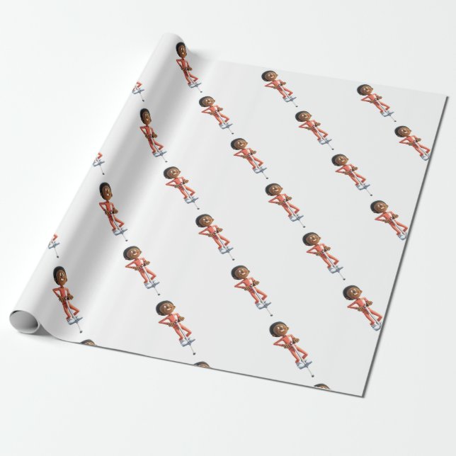 Cartoon African American Boy Using A Pogo Stick Wrapping Paper (Unrolled)