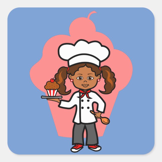 Cartoon African American Female Chef with Cupcake Square Sticker (Front)