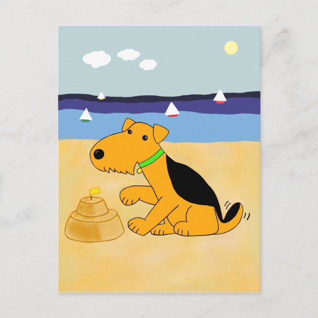 Cartoon Airedale Terrier Dog at the Beach postcard (Front)