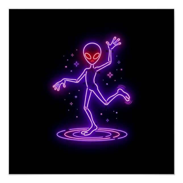 Cartoon Alien Dancing Amongst Small Starbursts Poster (Front)