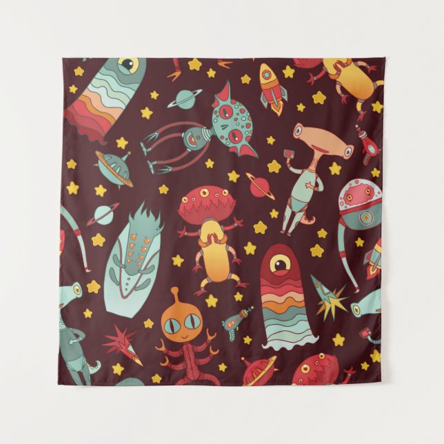 Cartoon aliens vintage seamless pattern. tapestry (Front)