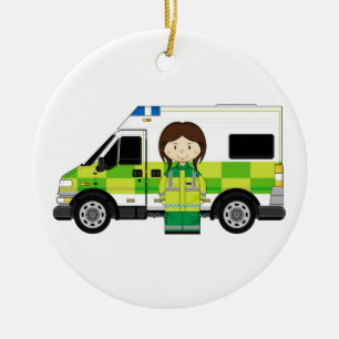 Cartoon Ambulance and EMT Ceramic Tree Decoration