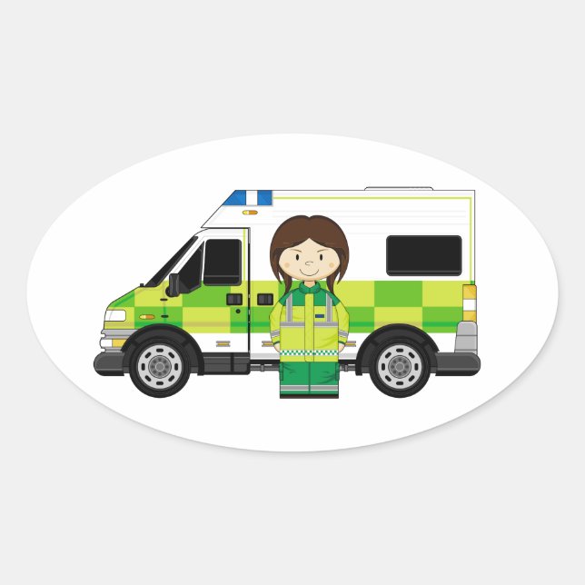 Cartoon Ambulance and EMT Oval Sticker (Front)