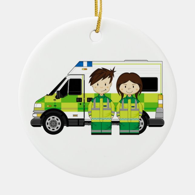 Cartoon Ambulance and EMT's Ceramic Ornament (Front)