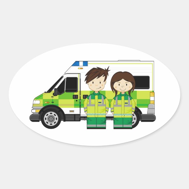 Cartoon Ambulance and EMT's Oval Sticker (Front)