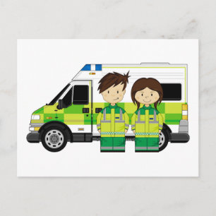 Cartoon Ambulance and EMT's Postcard