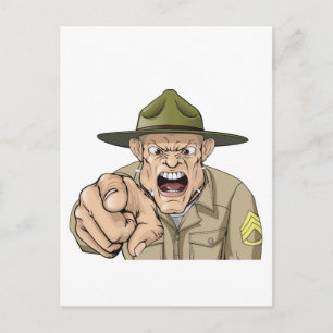 Cartoon angry army drill sergeant shouting postcard