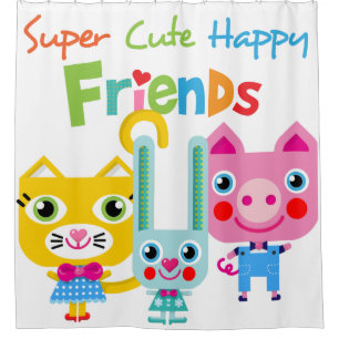 Cartoon Animal Friends Rabbit Cat Pig Shower Curtain