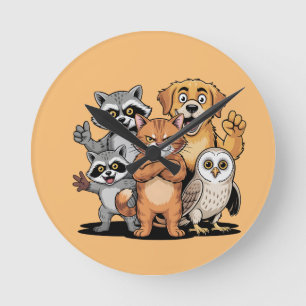 Cartoon Animal Friends Team Illustration Round Clock