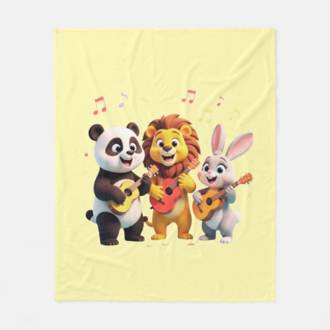 🎵 Cartoon Animal Music Party – Fun & Cute Musical Fleece Blanket (Front)