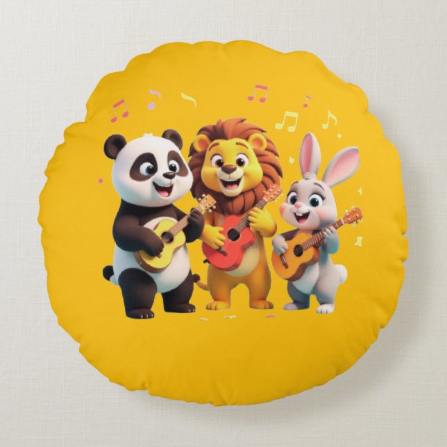 🎵 Cartoon Animal Music Party – Fun & Cute Musical Round Cushion (Front)