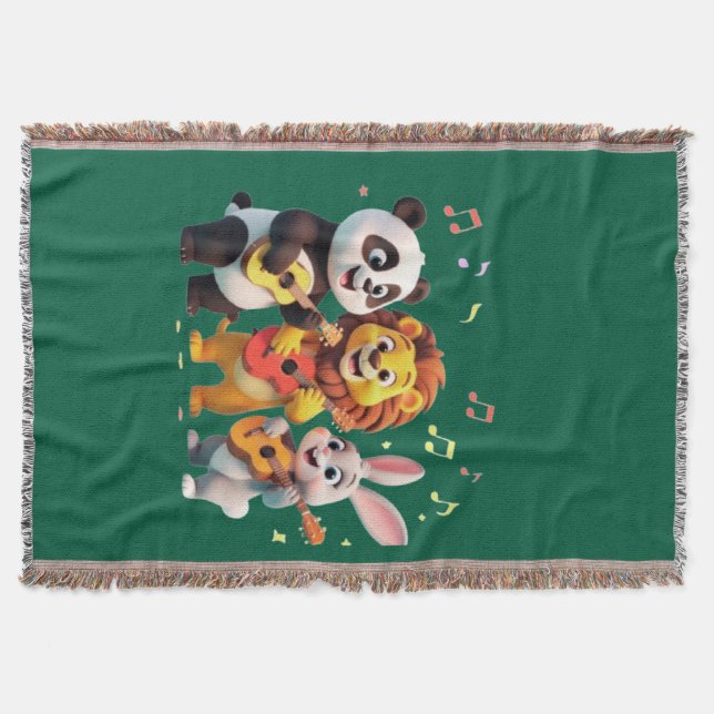 🎵 Cartoon Animal Music Party – Fun & Cute Musical Throw Blanket (Front)