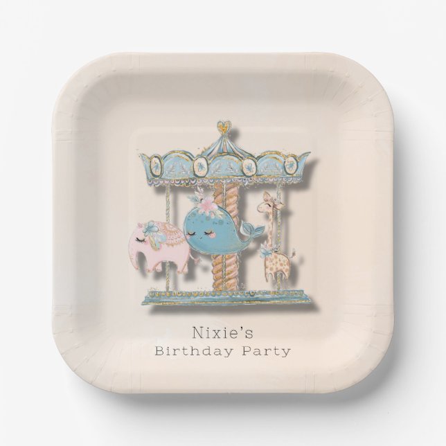 Cartoon Animals Carousel Birthday Party Paper Plate (Front)