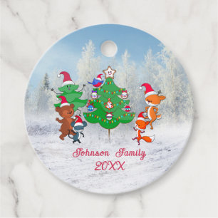 Cartoon Animals Dancing Around the Christmas Tree Favour Tags