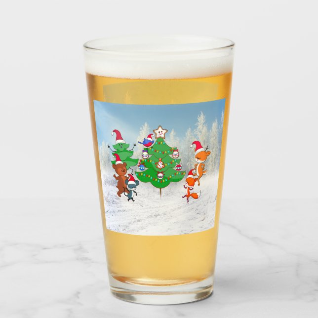 Cartoon Animals Dancing Around the Christmas Tree Glass (Front Filled)
