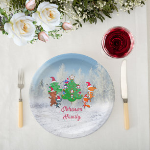 Cartoon Animals Dancing Around the Christmas Tree Paper Plate