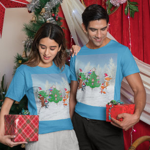 Cartoon Animals Dancing By Christmas Tree Unisex  T-Shirt