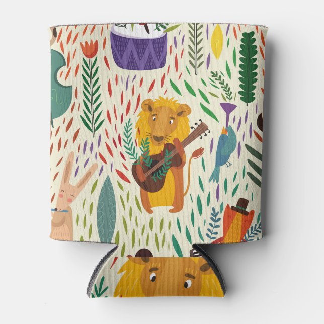 Cartoon animals, musical instruments wallpaper. can cooler (Front)