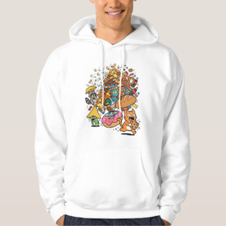 Cartoon animals with falling snacks isolated hoodie
