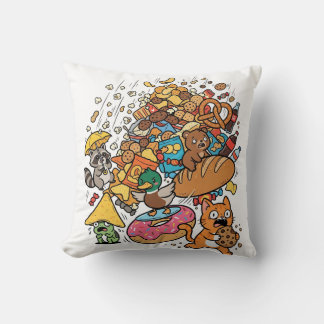 Cartoon animals with falling snacks isolated on wh cushion