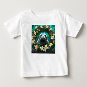 Cartoon Art Of Hawaiian Monk Seal With Plumeria Baby T-Shirt