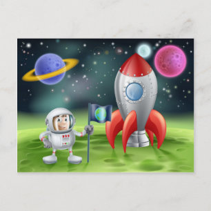 Cartoon astronaut and vintage rocket postcard