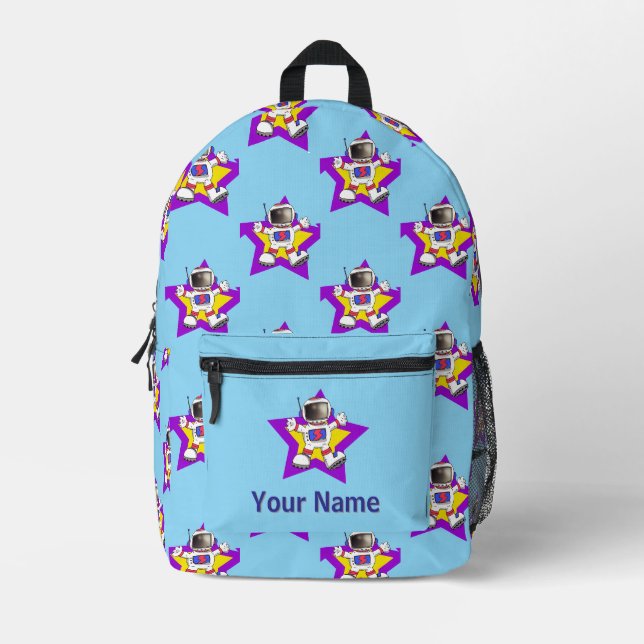 Cartoon Astronaut in Star Design Printed Backpack (Front)