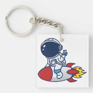 Cartoon Astronaut Riding a Rocket Illustration Key Ring