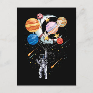 Cartoon Astronaut Space Balloon Planets Postcard