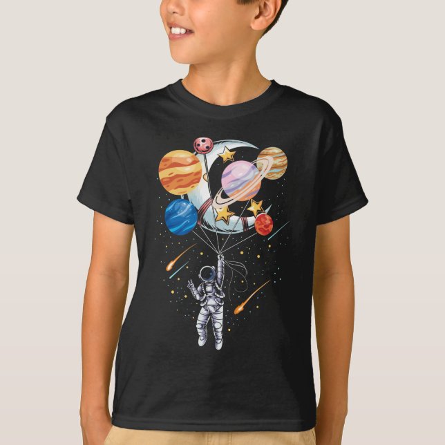 Cartoon Astronaut Space Balloon Planets T-Shirt (Front)