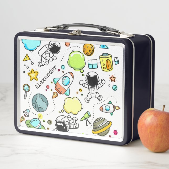 Cartoon Astronaut Space Rockets Boy's Metal Lunch Box (In Situ)