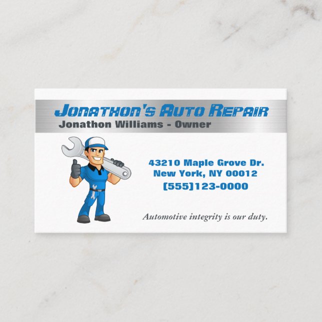 Cartoon Auto Mechanic Repair Guy Service Business Card (Front)