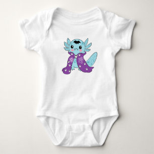 Cartoon axolotl wearing a vampire cape and small f baby bodysuit