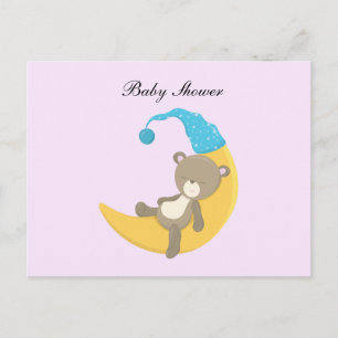 Cartoon Baby Bear Sleeping on Moon w/Blue Hat Invitation Postcard