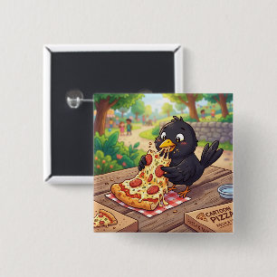 Cartoon Baby Blackbird Crow Raven Eating Pizza 15 Cm Square Badge