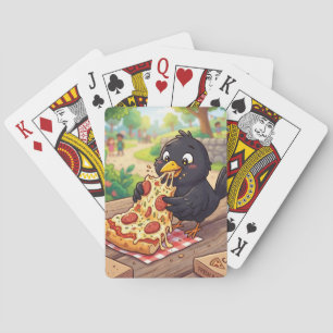 Cartoon Baby Blackbird Crow Raven Eating Pizza Playing Cards