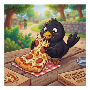 Cartoon Baby Blackbird Crow Raven Eating Pizza Poster