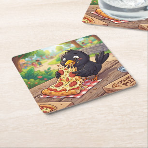 Cartoon Baby Blackbird Crow Raven Eating Pizza Square Paper Coaster