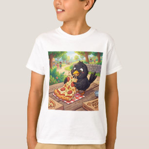 Cartoon Baby Blackbird Crow Raven Eating Pizza T-Shirt