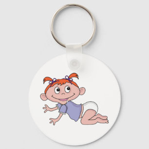 Cartoon Baby Girl Crawling Red Hair Purple Bows Key Ring