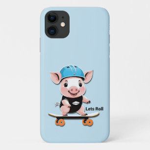Cartoon Baby Pig Riding A Skateboard Lets Roll, iPhone 11 Case