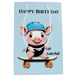Cartoon Baby Pig Skateboarding Lets Roll, Medium Gift Bag