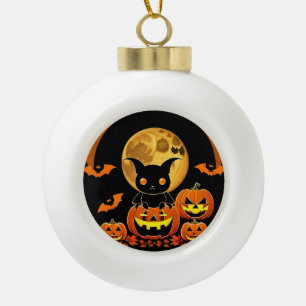 Cartoon Bat and Pumpkins Under Full Moon Ceramic Ball Christmas Ornament