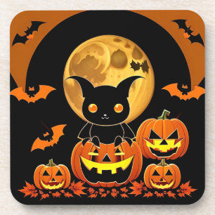 Cartoon Bat and Pumpkins Under Full Moon Coaster