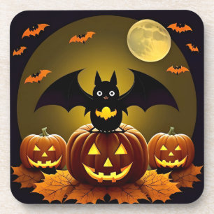 Cartoon Bat and Pumpkins Under Full Moon Coaster
