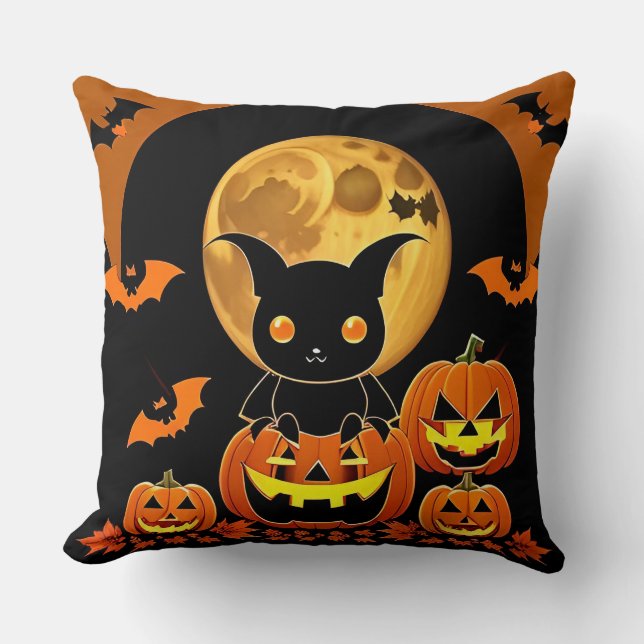 Cartoon Bat and Pumpkins Under Full Moon Cushion (Front)