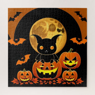 Cartoon Bat and Pumpkins Under Full Moon Jigsaw Puzzle